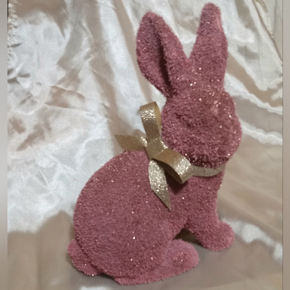 Pink flocked mossy glitter easter bunny, large ceramic